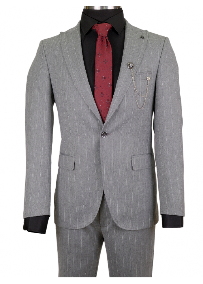 Çizgili Gri Slim Fit Erkek Takım Elbise