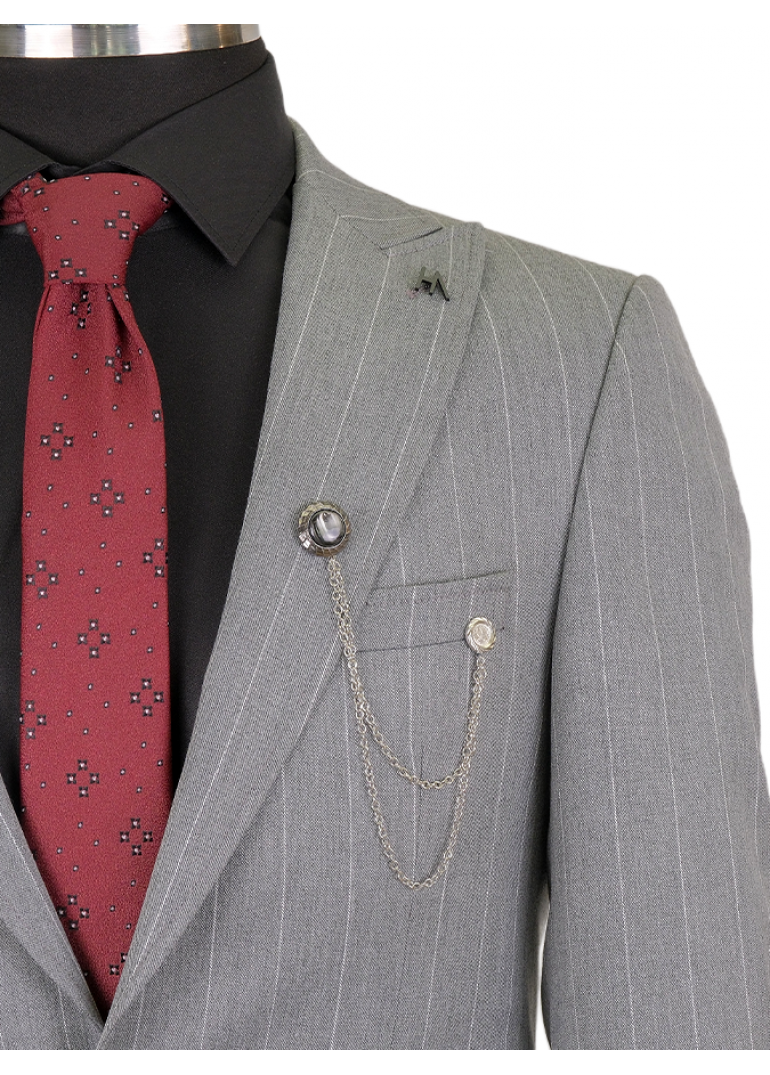 Çizgili Gri Slim Fit Erkek Takım Elbise