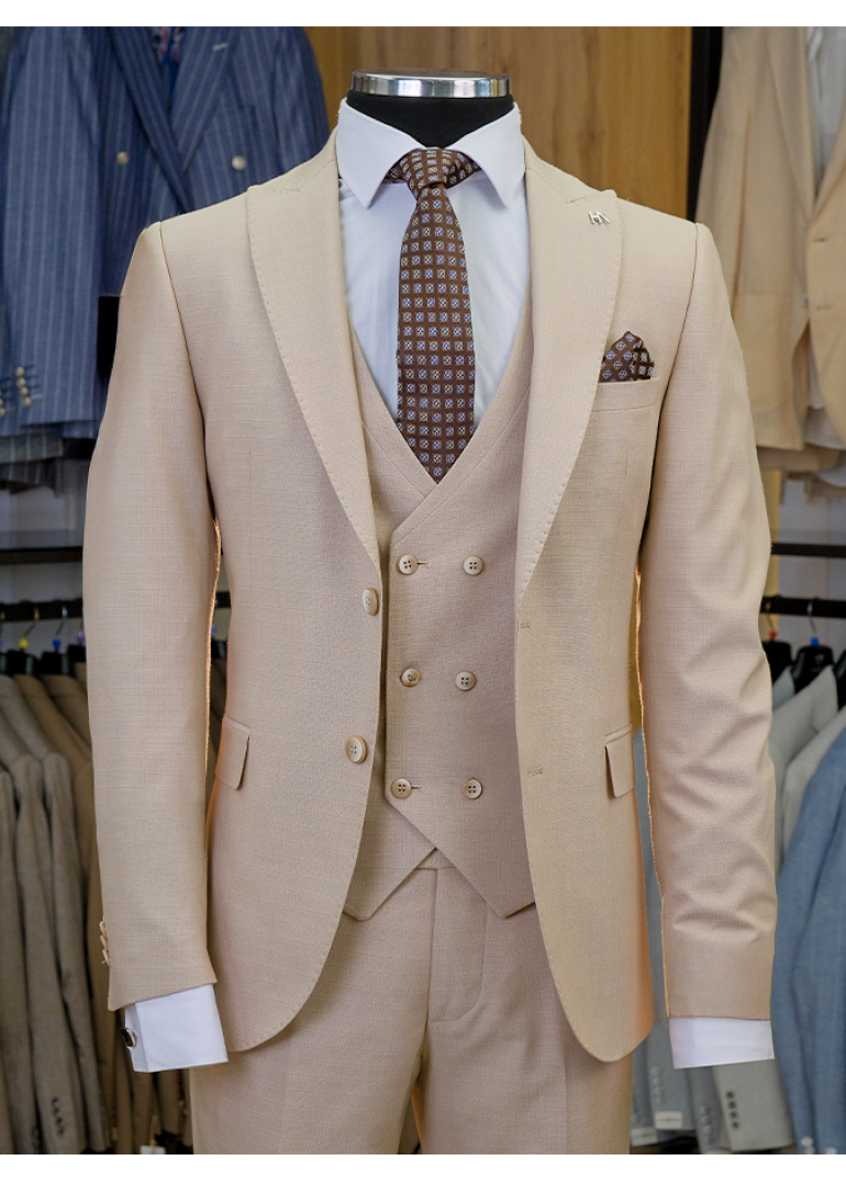 Yelekli Bej Slim Fit Erkek Takım Elbise