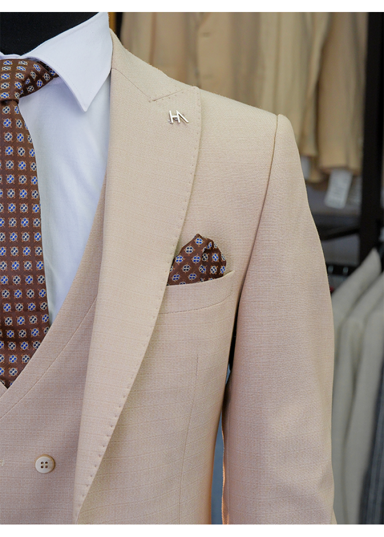 Yelekli Bej Slim Fit Erkek Takım Elbise