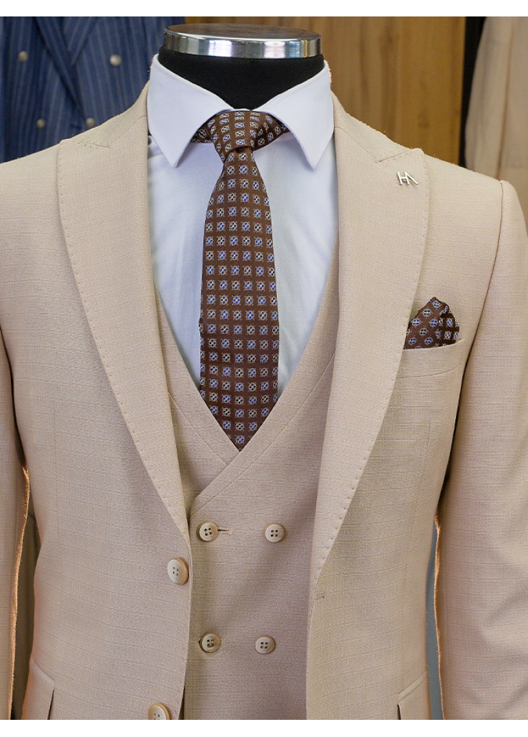Yelekli Bej Slim Fit Erkek Takım Elbise