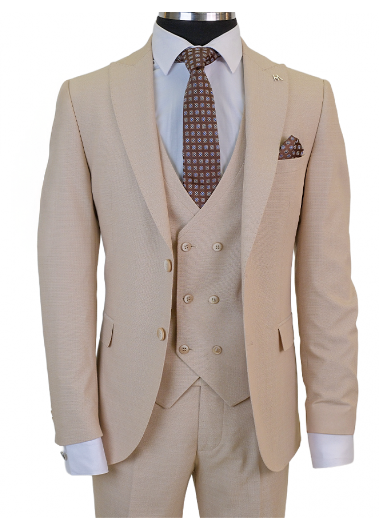 Yelekli Bej Slim Fit Erkek Takım Elbise
