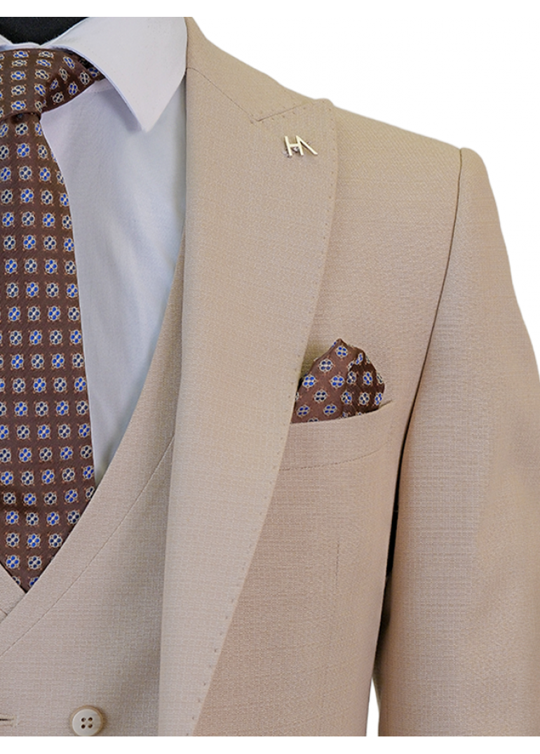 Yelekli Bej Slim Fit Erkek Takım Elbise
