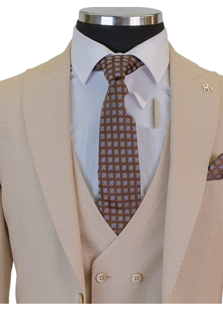 Yelekli Bej Slim Fit Erkek Takım Elbise