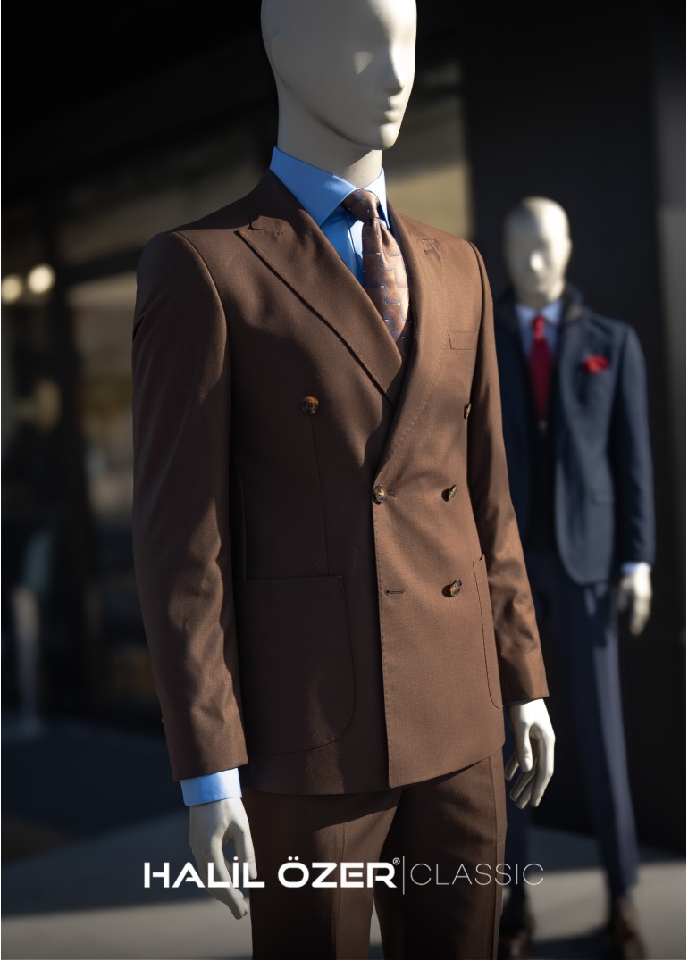 Kahverengi Kruvaze Torba Cepli Takım Elbise