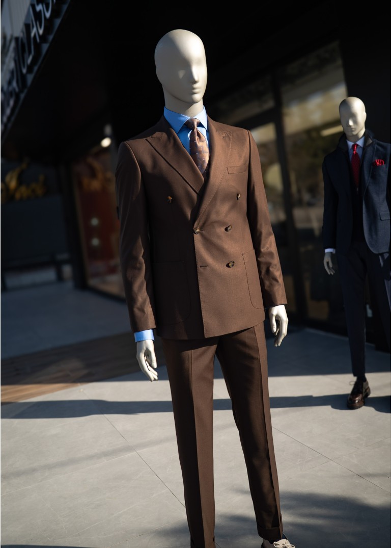 Kahverengi Kruvaze Torba Cepli Takım Elbise