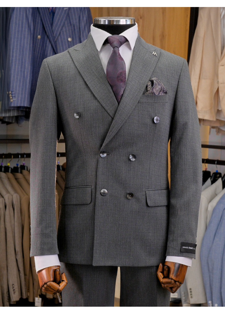 Gri Çizgili Slim Fit Erkek Kruvaze Takım Elbise