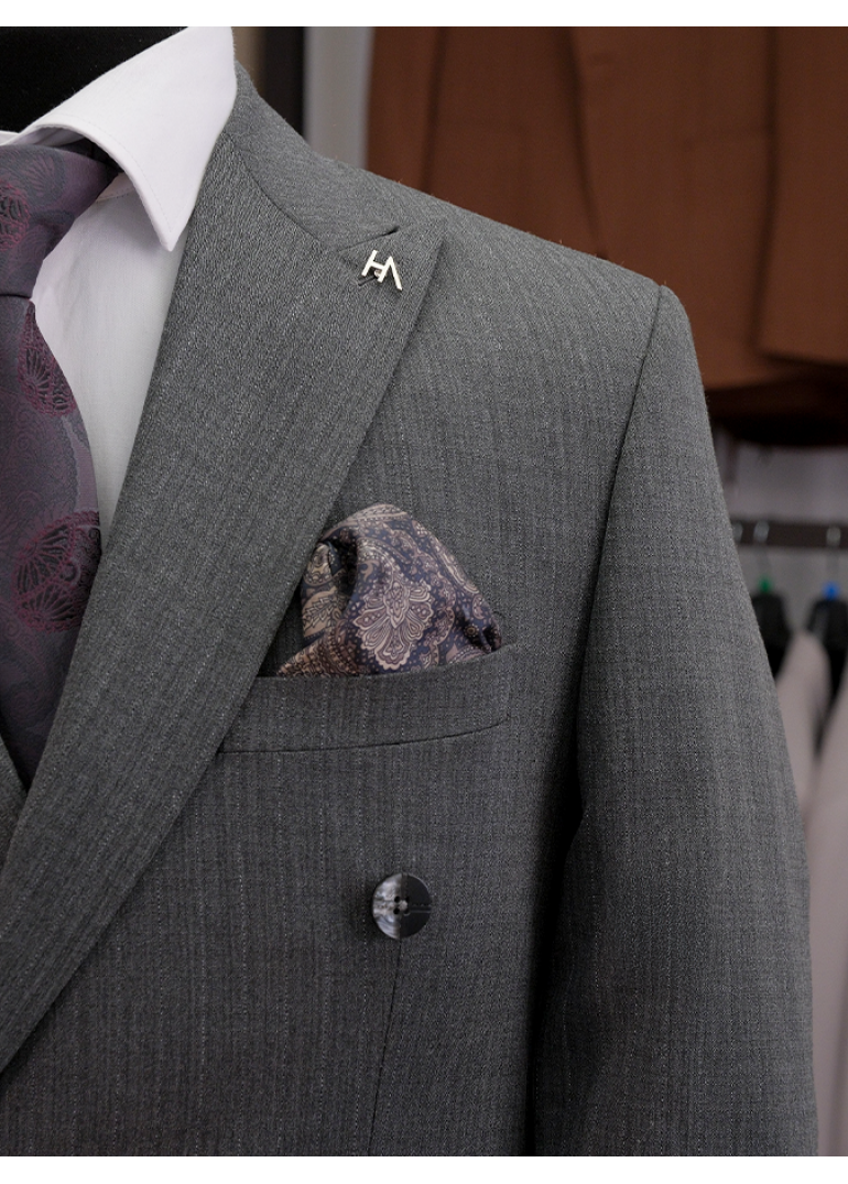 Gri Çizgili Slim Fit Erkek Kruvaze Takım Elbise