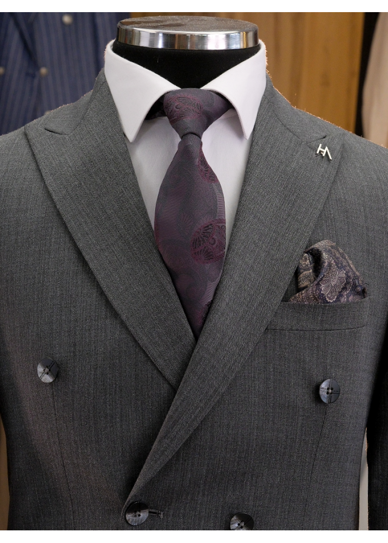 Gri Çizgili Slim Fit Erkek Kruvaze Takım Elbise