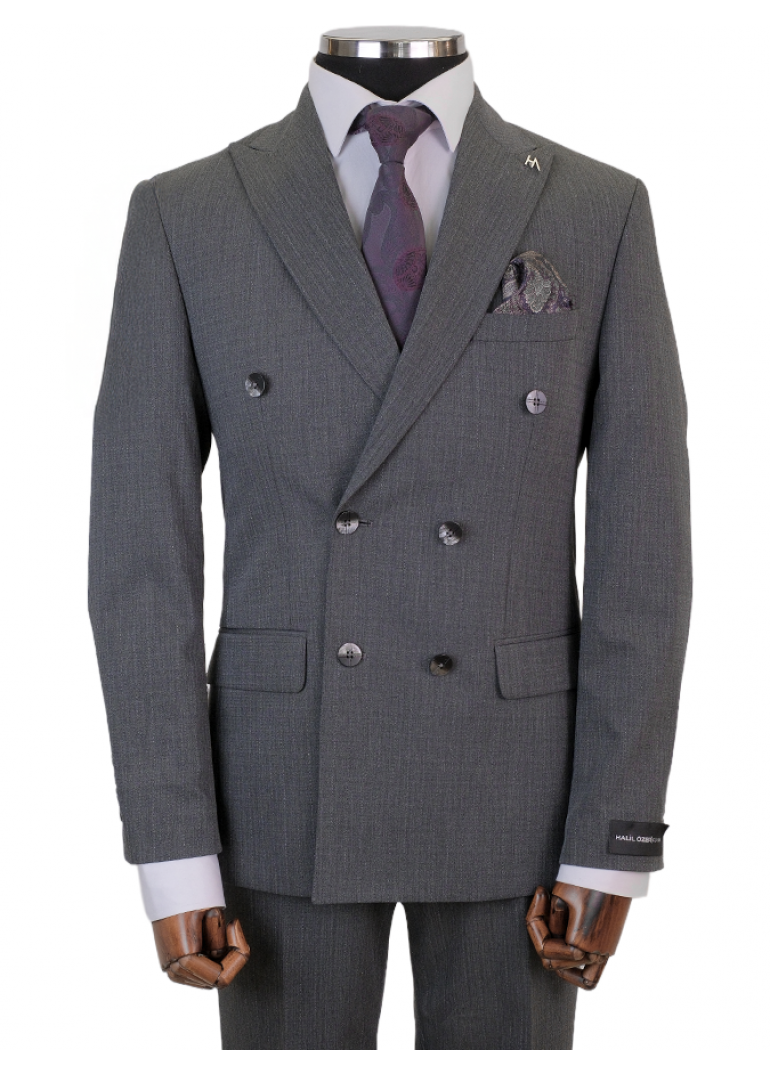 Gri Çizgili Slim Fit Erkek Kruvaze Takım Elbise