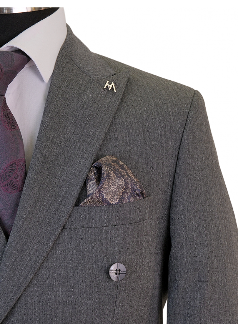 Gri Çizgili Slim Fit Erkek Kruvaze Takım Elbise