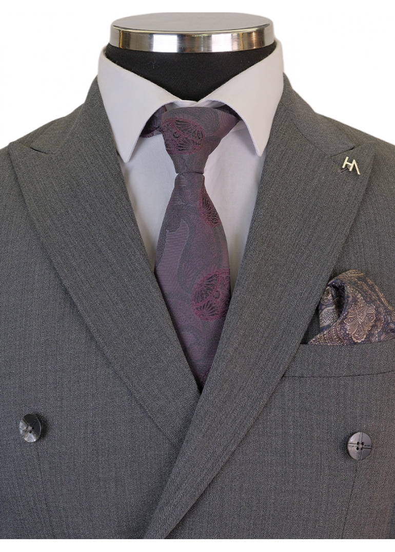 Gri Çizgili Slim Fit Erkek Kruvaze Takım Elbise