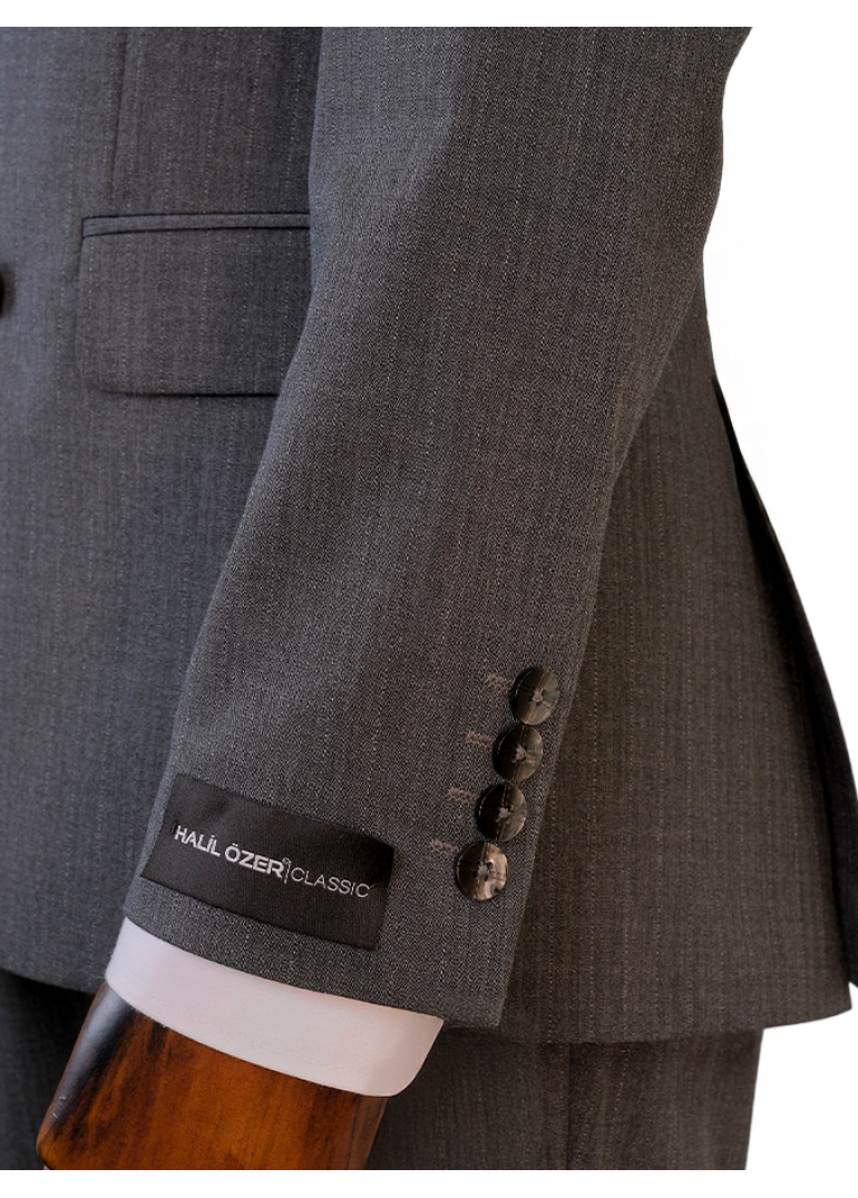 Gri Çizgili Slim Fit Erkek Kruvaze Takım Elbise