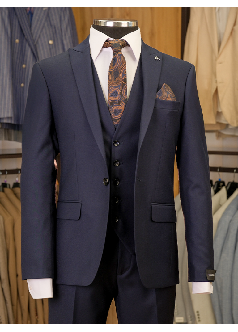 Yün Yelekli Lacivert Slim Fit Erkek Takım Elbise