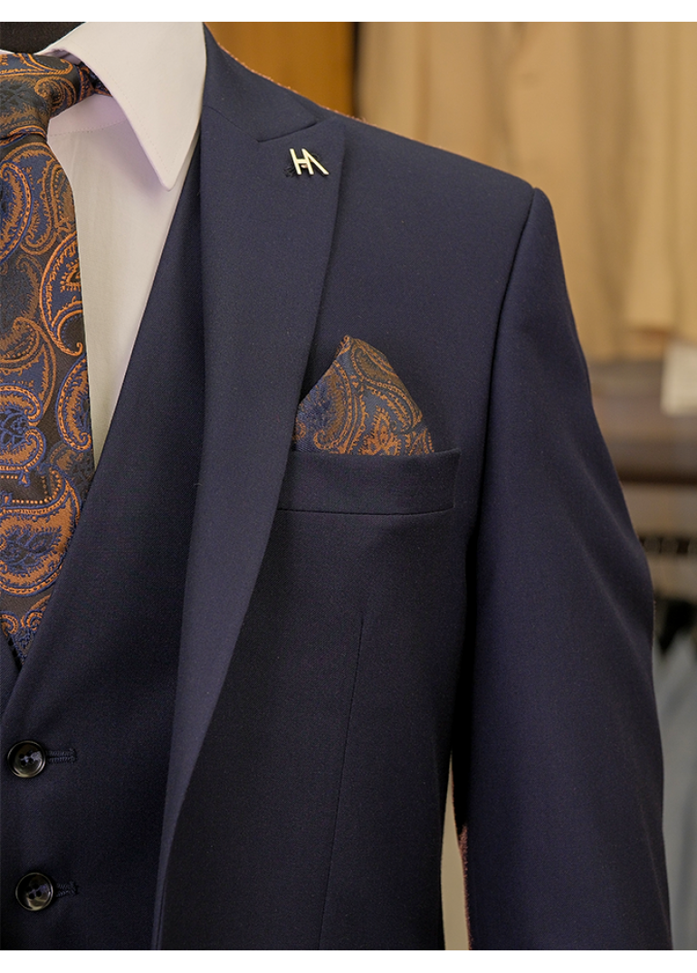 Yün Yelekli Lacivert Slim Fit Erkek Takım Elbise