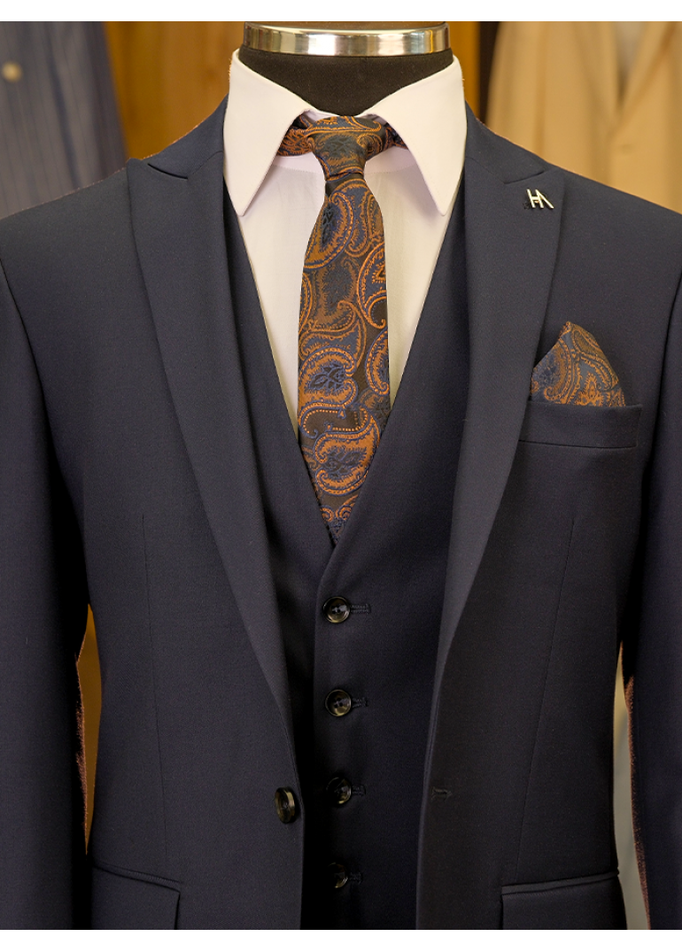 Yün Yelekli Lacivert Slim Fit Erkek Takım Elbise