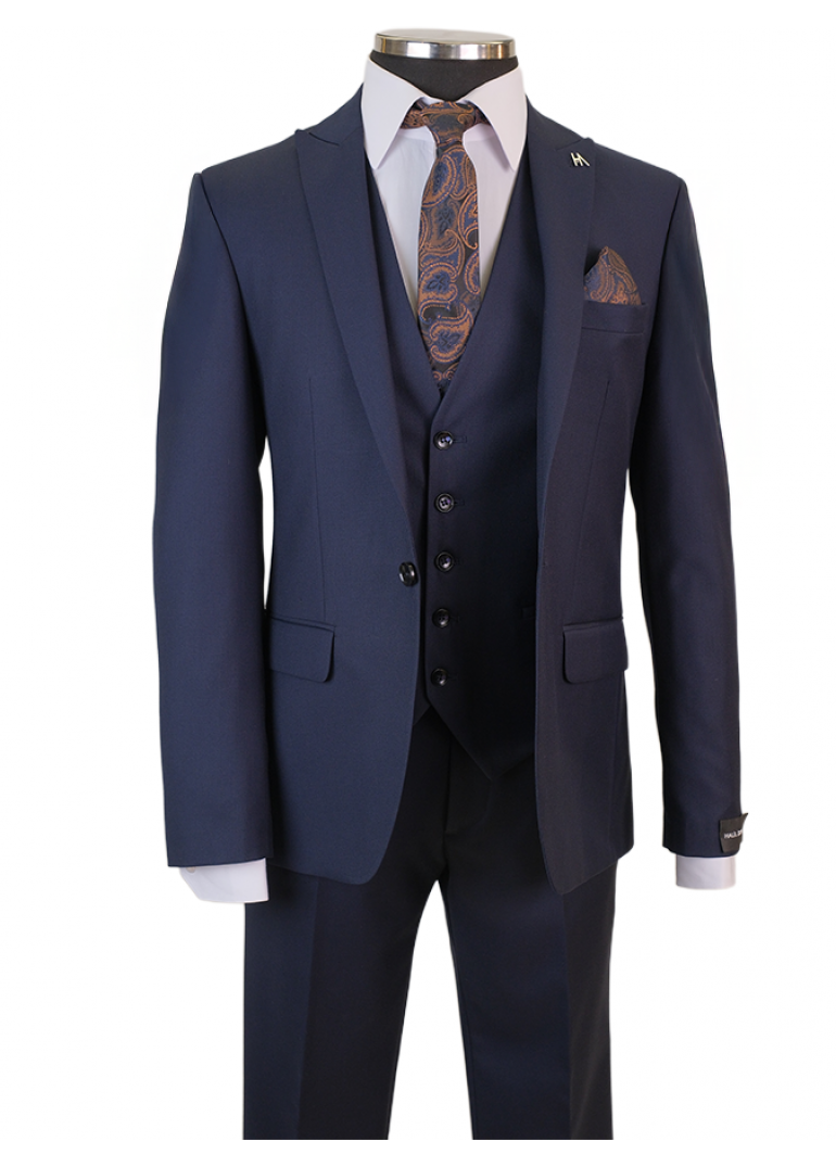 Yün Yelekli Lacivert Slim Fit Erkek Takım Elbise