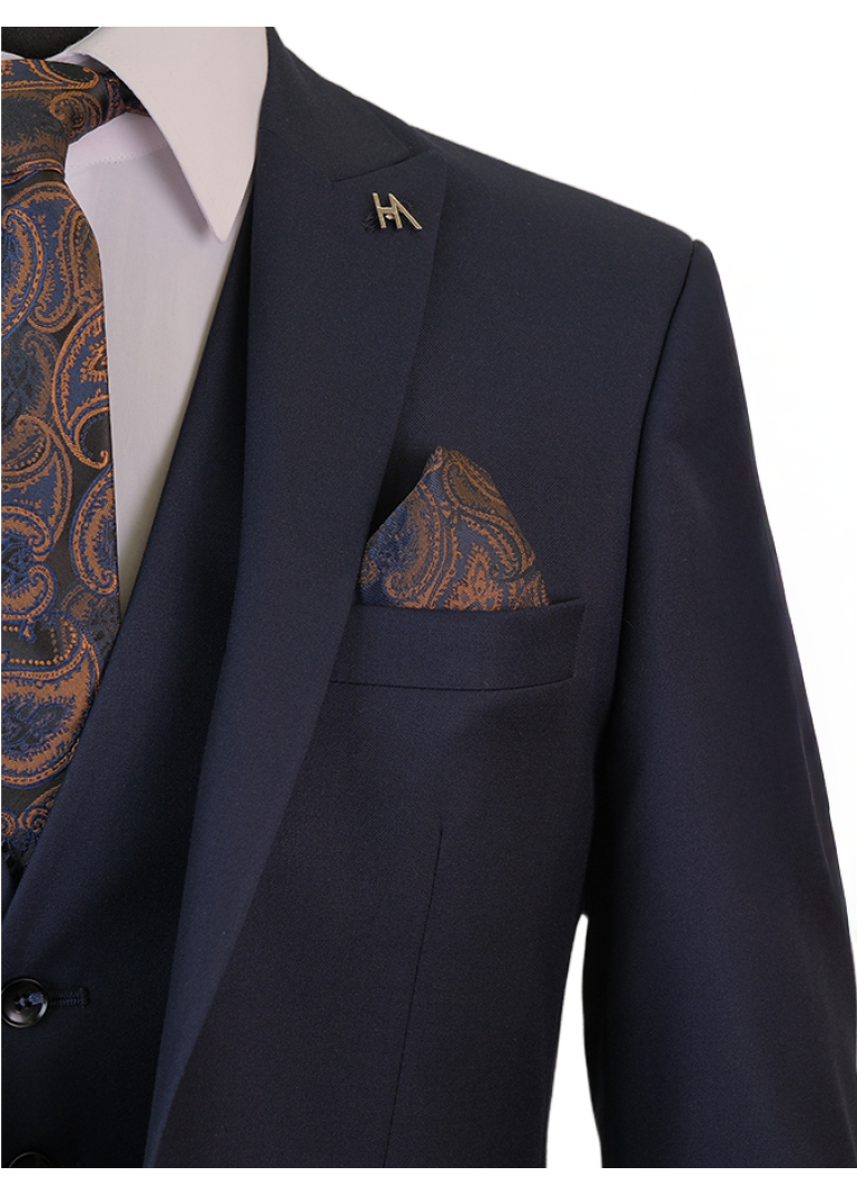 Yün Yelekli Lacivert Slim Fit Erkek Takım Elbise