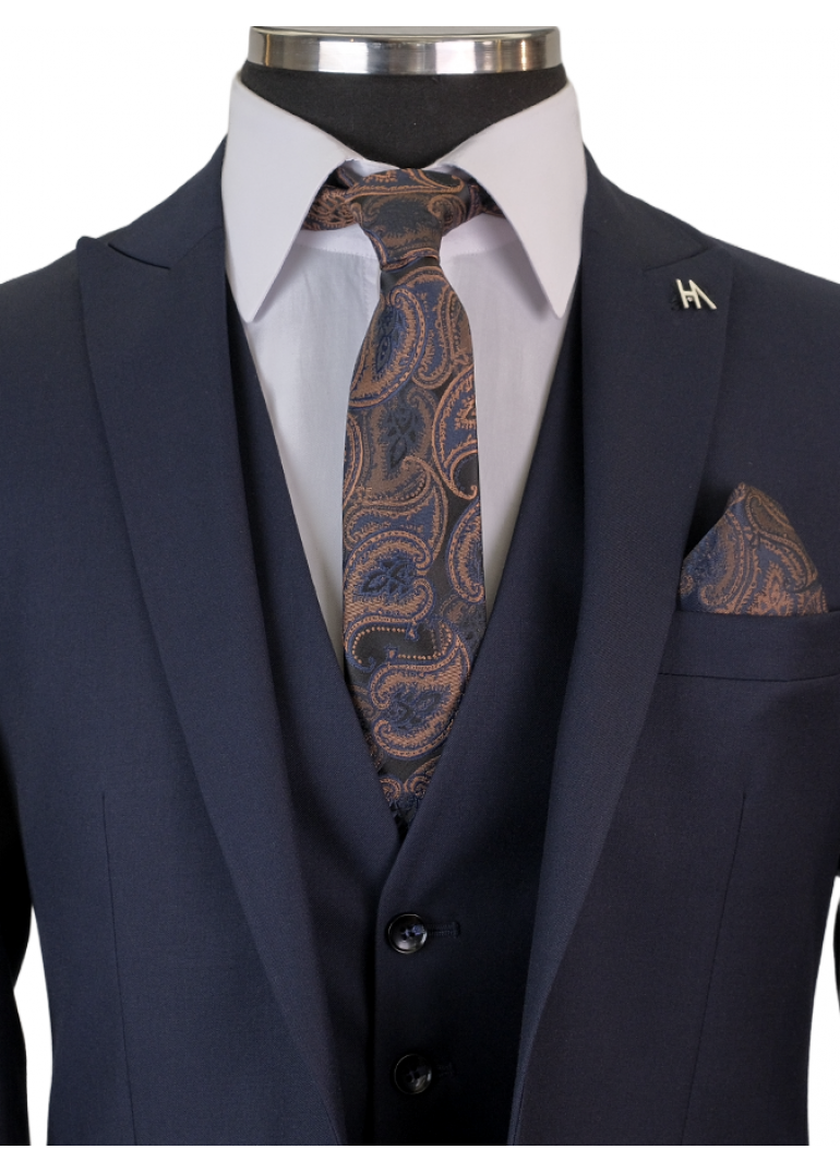 Yün Yelekli Lacivert Slim Fit Erkek Takım Elbise