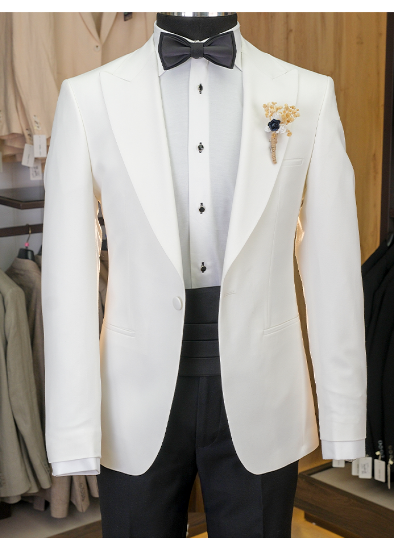 Kırlangıç Yaka Beyaz Slim Fit Erkek Smokin Damatlık
