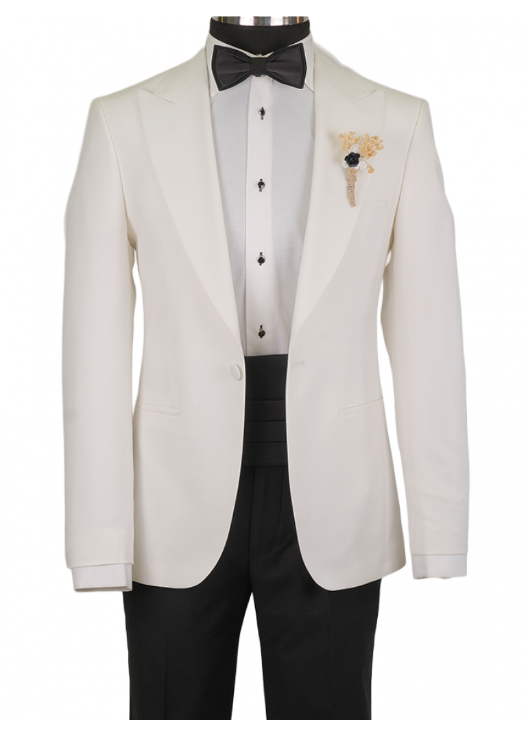 Kırlangıç Yaka Beyaz Slim Fit Erkek Smokin Damatlık