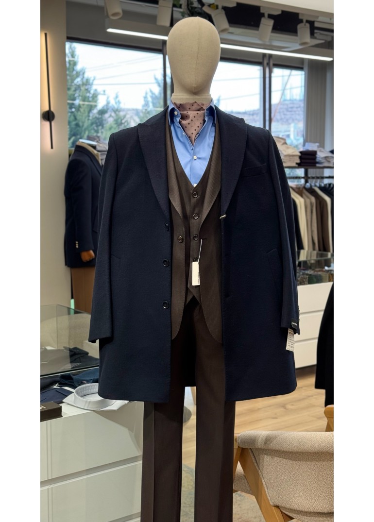 İnce Çizgi Yelekli Takım Elbise Kahverengi