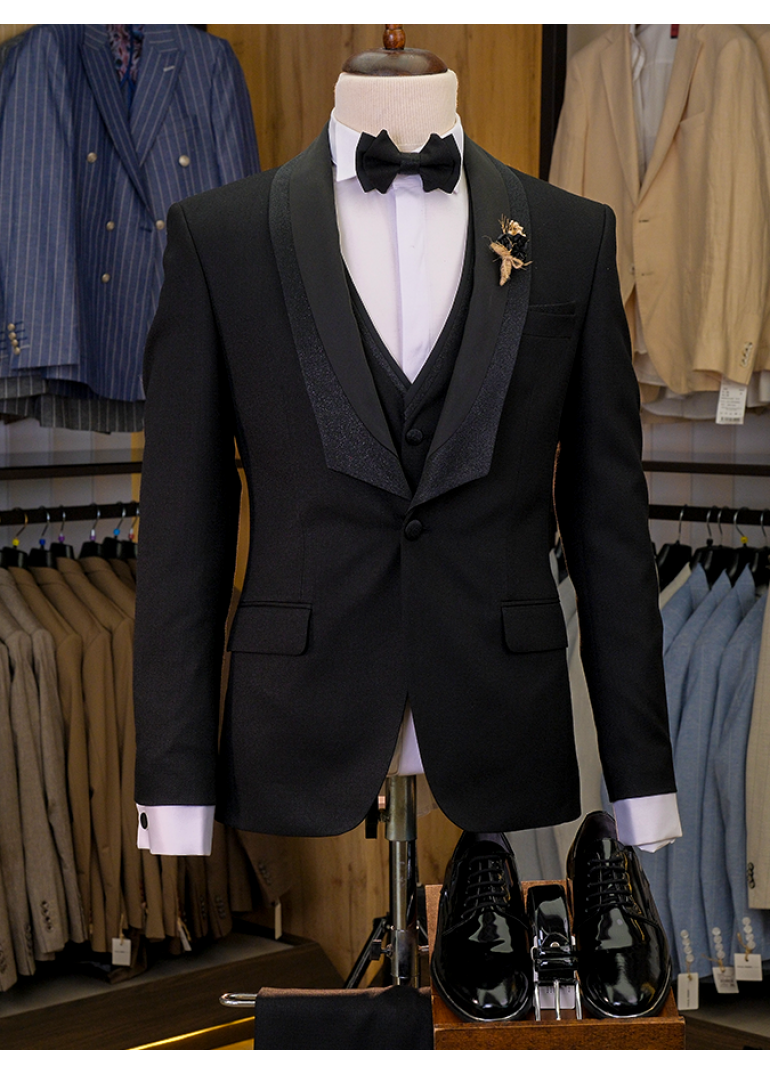 Siyah Sabit Şal Yaka Slim Fit Erkek Smokin Takım Elbise