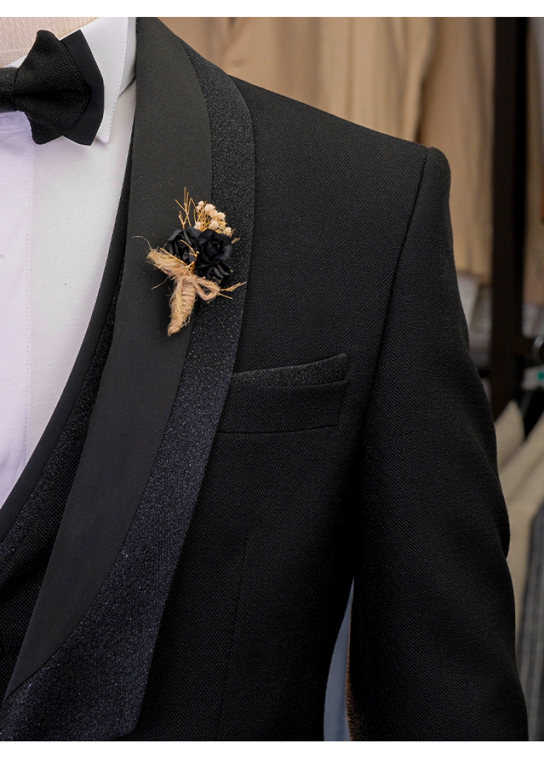 Siyah Sabit Şal Yaka Slim Fit Erkek Smokin Takım Elbise