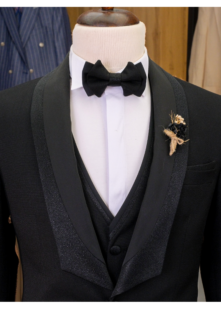 Siyah Sabit Şal Yaka Slim Fit Erkek Smokin Takım Elbise