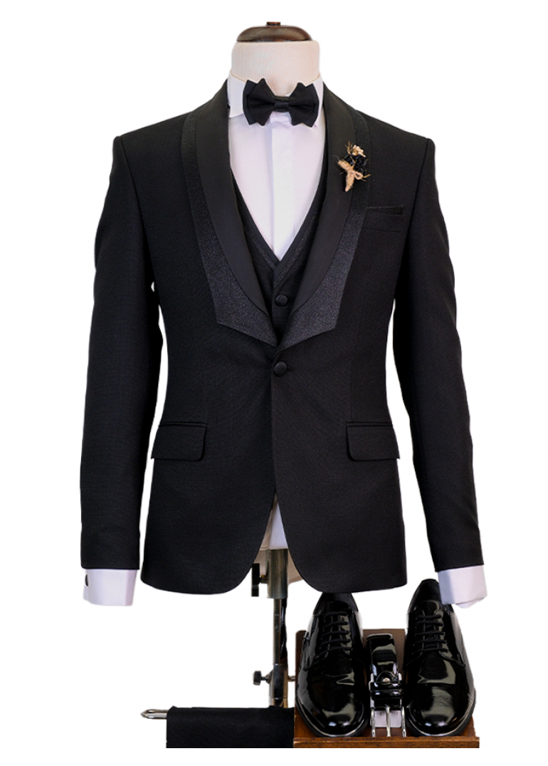 Siyah Sabit Şal Yaka Slim Fit Erkek Smokin Takım Elbise