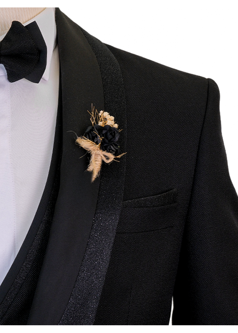 Siyah Sabit Şal Yaka Slim Fit Erkek Smokin Takım Elbise