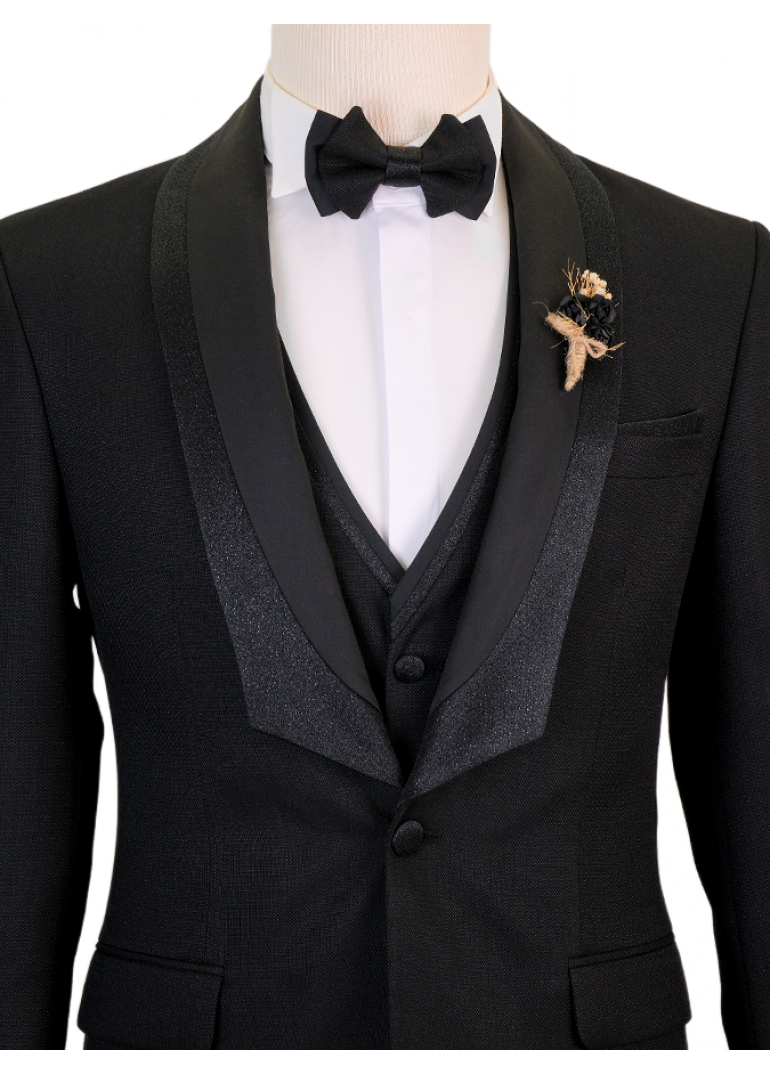 Siyah Sabit Şal Yaka Slim Fit Erkek Smokin Takım Elbise